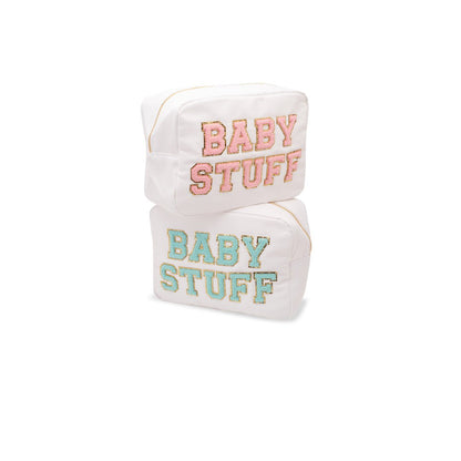 "Baby Stuff" Large Pouch, White with Pink Letters - The Happy Tribe