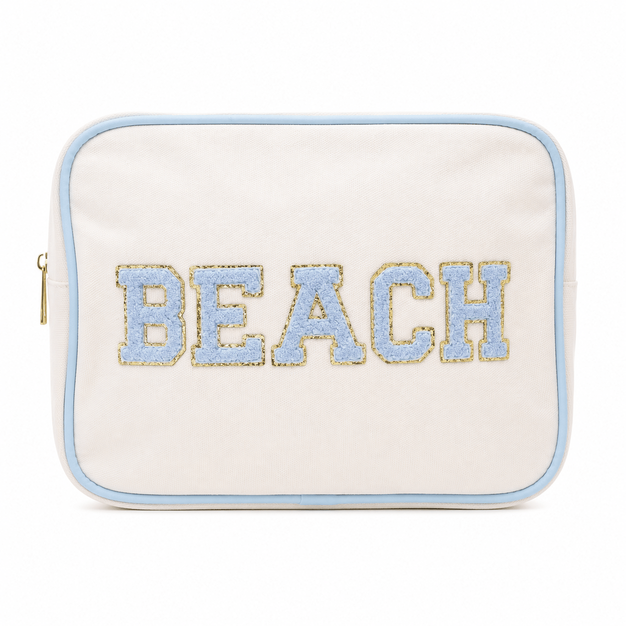 "Beach" Large Pouch, Cream Canvas with Baby Blue Trim - The Happy Tribe