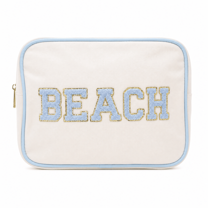"Beach" Large Pouch, Cream Canvas with Baby Blue Trim - The Happy Tribe