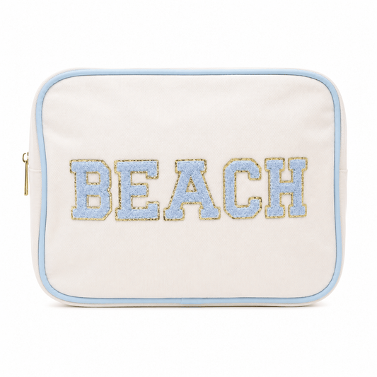 "Beach" Large Pouch, Cream Canvas with Baby Blue Trim - The Happy Tribe