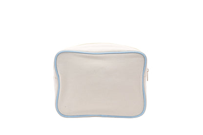"Beach" Large Pouch, Cream Canvas with Baby Blue Trim - The Happy Tribe
