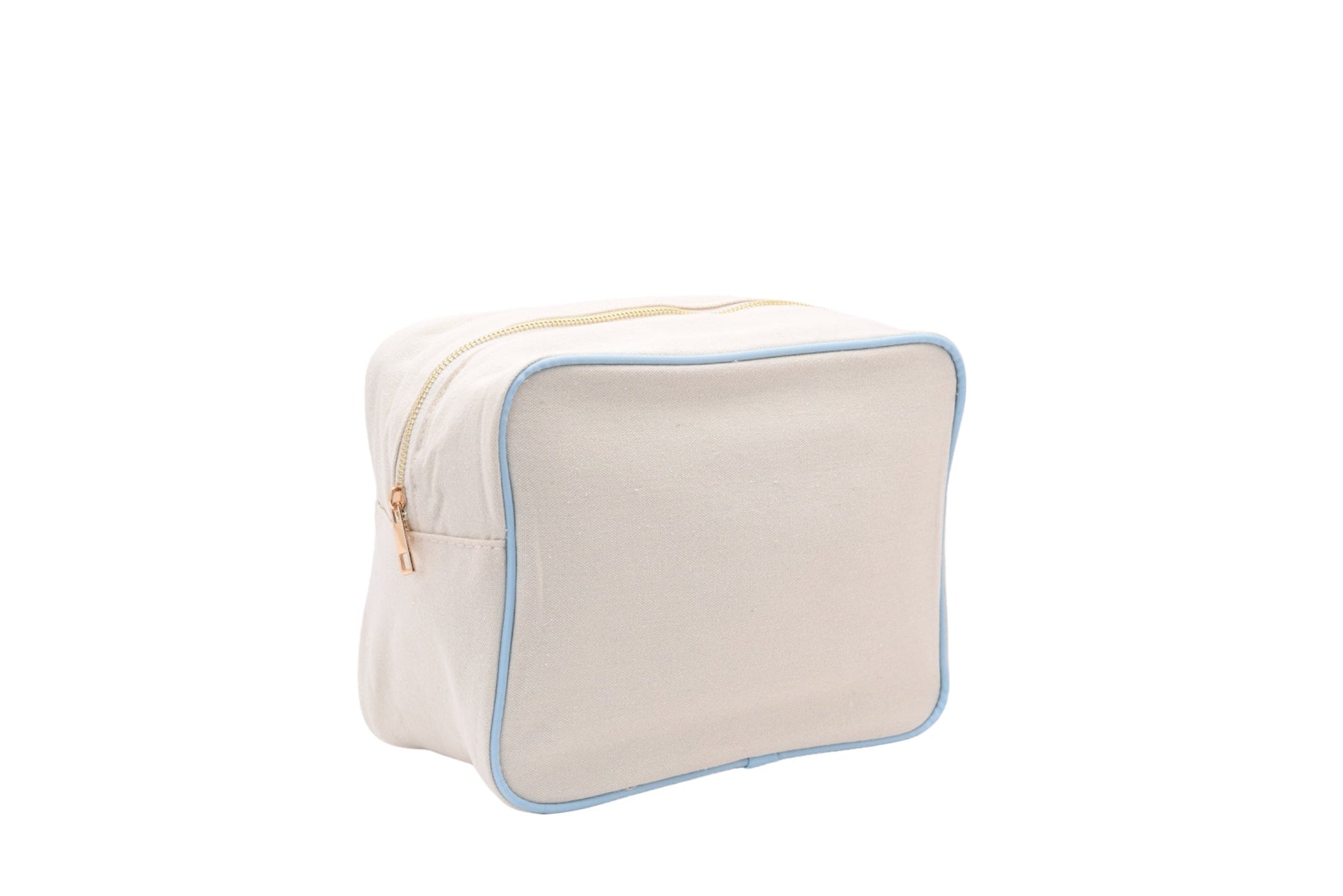 "Beach" Large Pouch, Cream Canvas with Baby Blue Trim - The Happy Tribe
