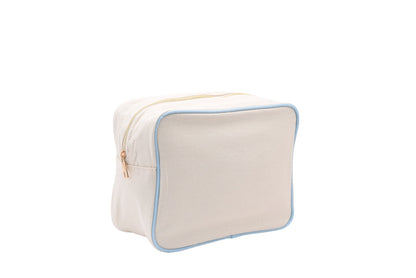 "Beach" Large Pouch, Cream Canvas with Baby Blue Trim - The Happy Tribe