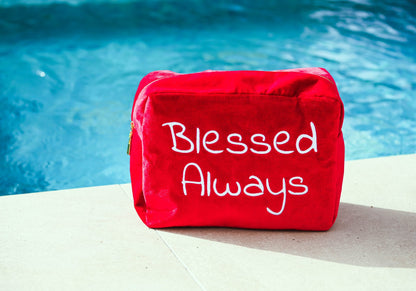 "Blessed Always" Large Velvet Pouch, Red - The Happy Tribe