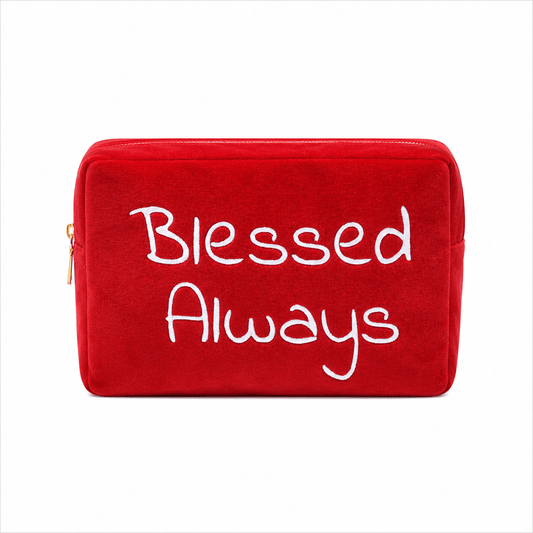 "Blessed Always" Large Velvet Pouch, Red - The Happy Tribe