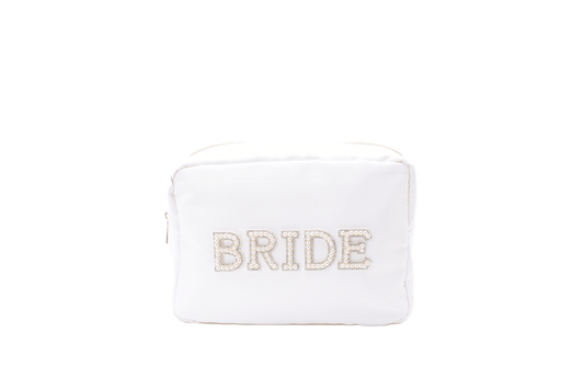 "Bride" Large Pouch, White with Pearl Lettering - The Happy Tribe