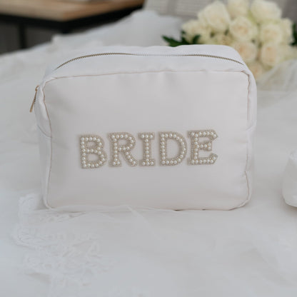 "Bride" Large Pouch, White with Pearl Lettering - The Happy Tribe