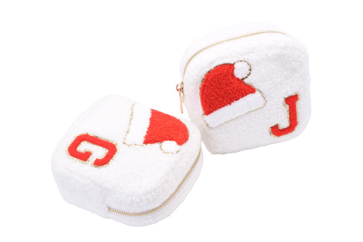 Cream Teddy Extra Small Pouch - "Santa Hat & Initial" - The Happy Tribe