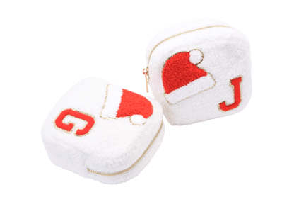 Cream Teddy Extra Small Pouch - "Santa Hat & Initial" - The Happy Tribe