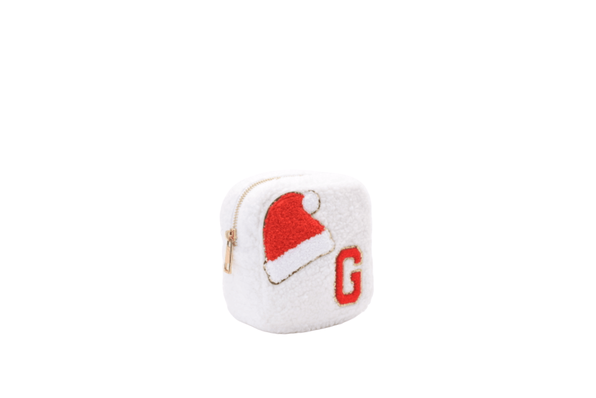 Cream Teddy Extra Small Pouch - "Santa Hat & Initial" - The Happy Tribe