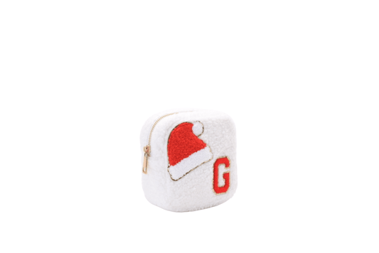 Cream Teddy Extra Small Pouch - "Santa Hat & Initial" - The Happy Tribe