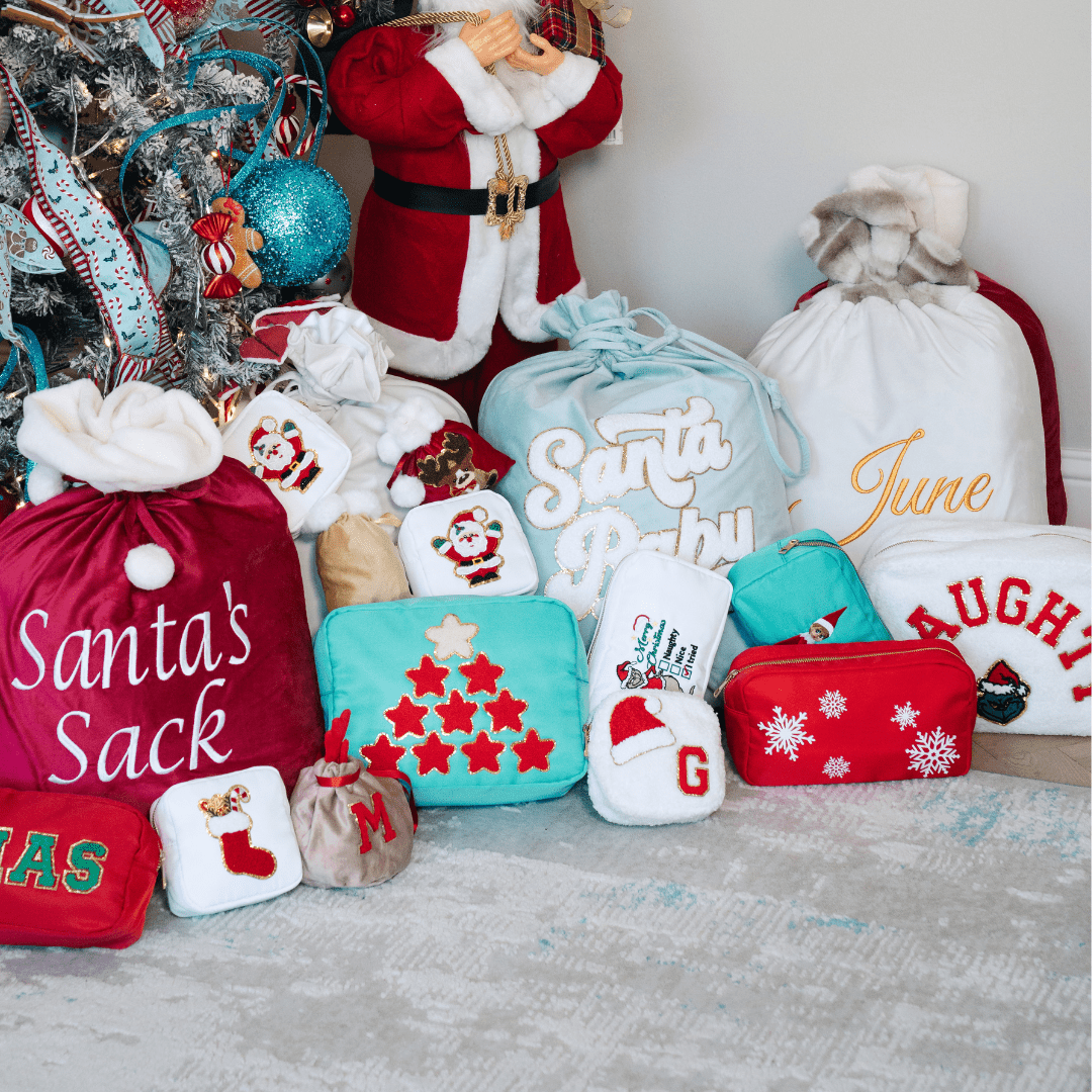 Cream Teddy Extra Small Pouch - "Santa Hat & Initial" - The Happy Tribe