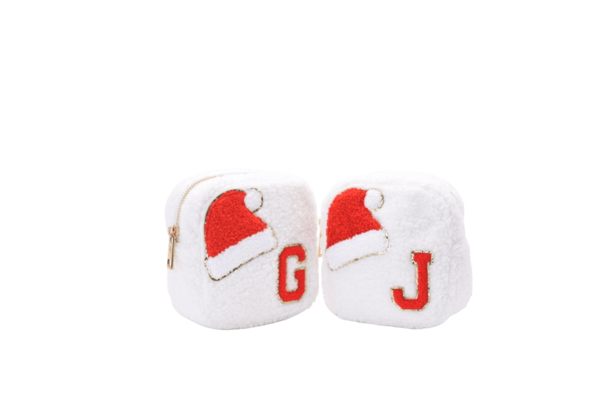Cream Teddy Extra Small Pouch - "Santa Hat & Initial" - The Happy Tribe
