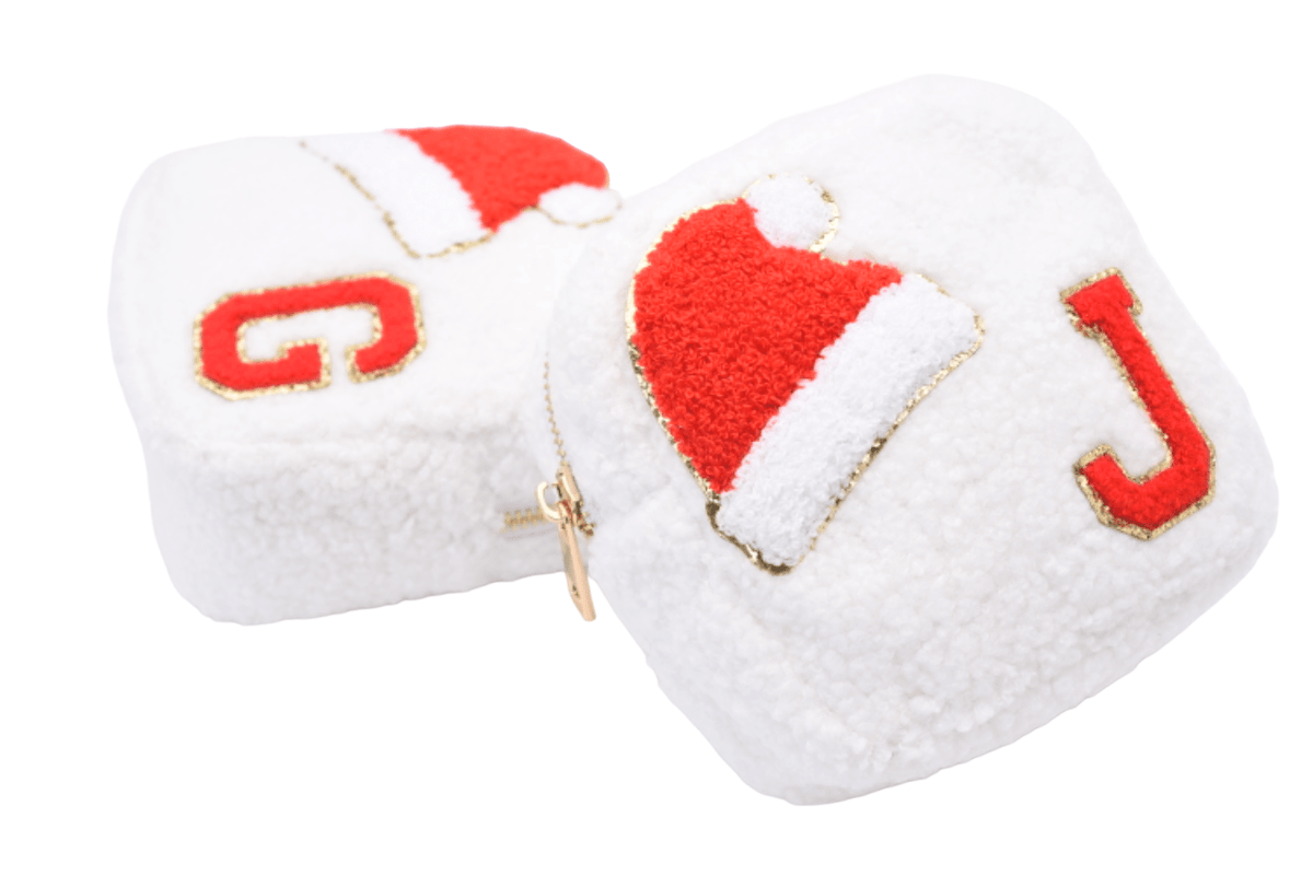Cream Teddy Extra Small Pouch - "Santa Hat & Initial" - The Happy Tribe