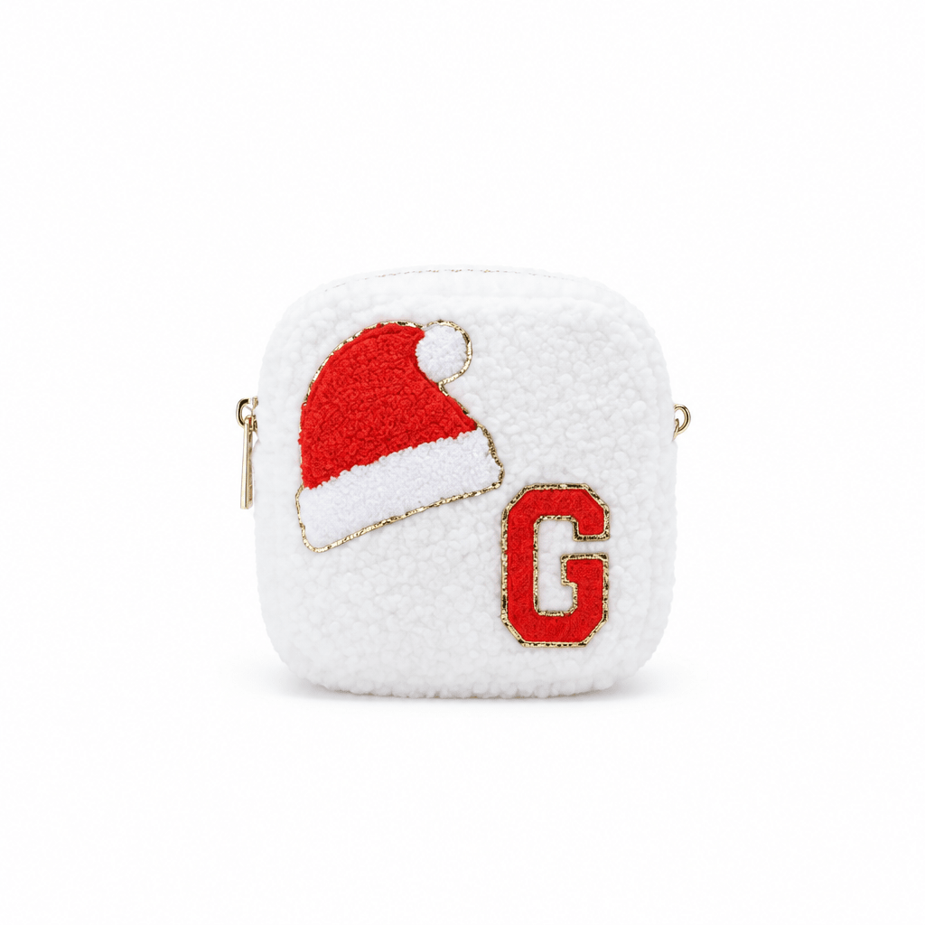 Cream Teddy Extra Small Pouch - "Santa Hat & Initial" - The Happy Tribe
