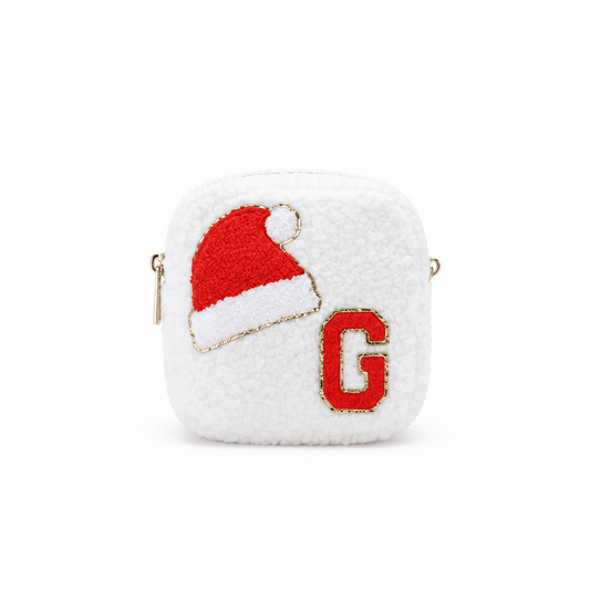 Cream Teddy Extra Small Pouch - "Santa Hat & Initial" - The Happy Tribe