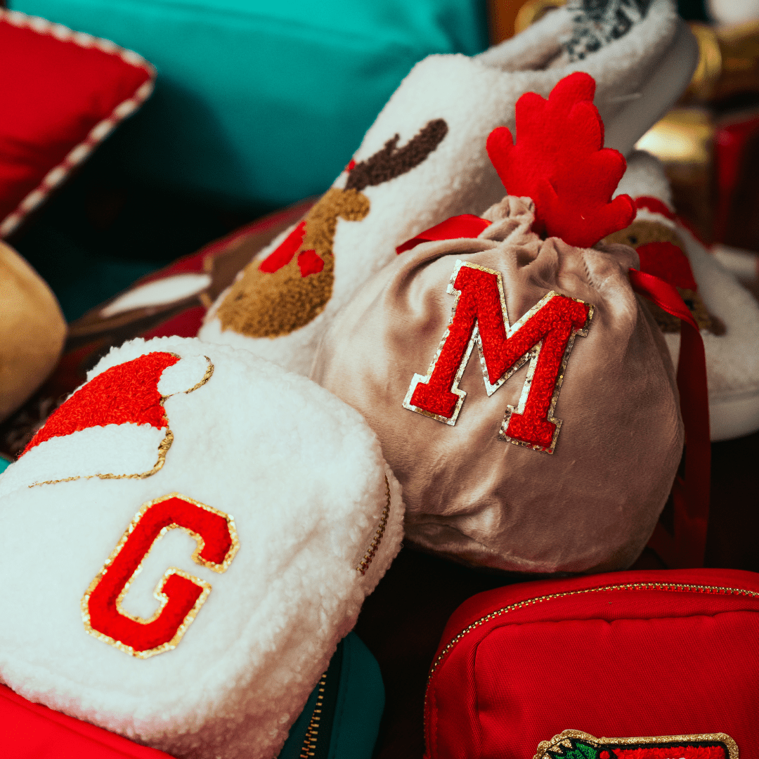 Cream Teddy Extra Small Pouch - "Santa Hat & Initial" - The Happy Tribe