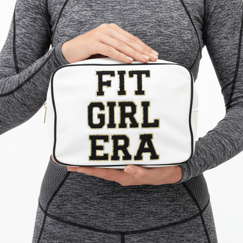 "Fit Girl Era" Large Pouch, Cream with Black Trim - The Happy Tribe