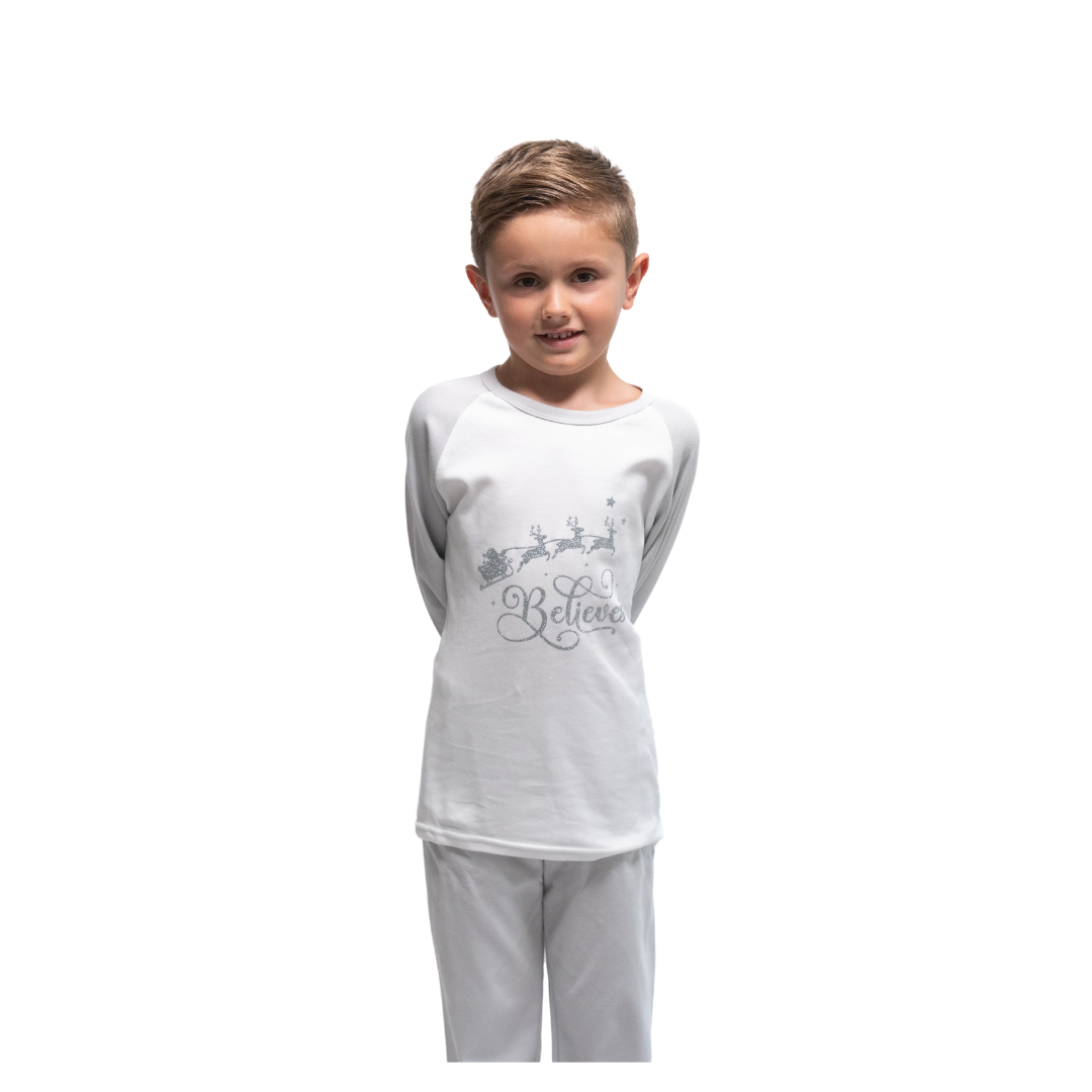 Grey Personalised Children's  'Believe' Christmas Pjs