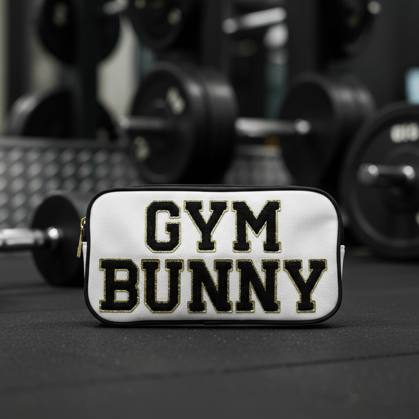 "Gym Bunny" Medium Pouch, Cream with Black Trim - The Happy Tribe