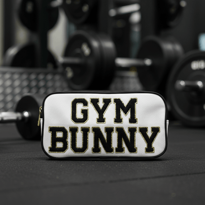 "Gym Bunny" Medium Pouch, Cream with Black Trim - The Happy Tribe