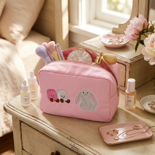 "Jellycat Bunny" Embroidered Large Pouch, Baby Pink - The Happy Tribe
