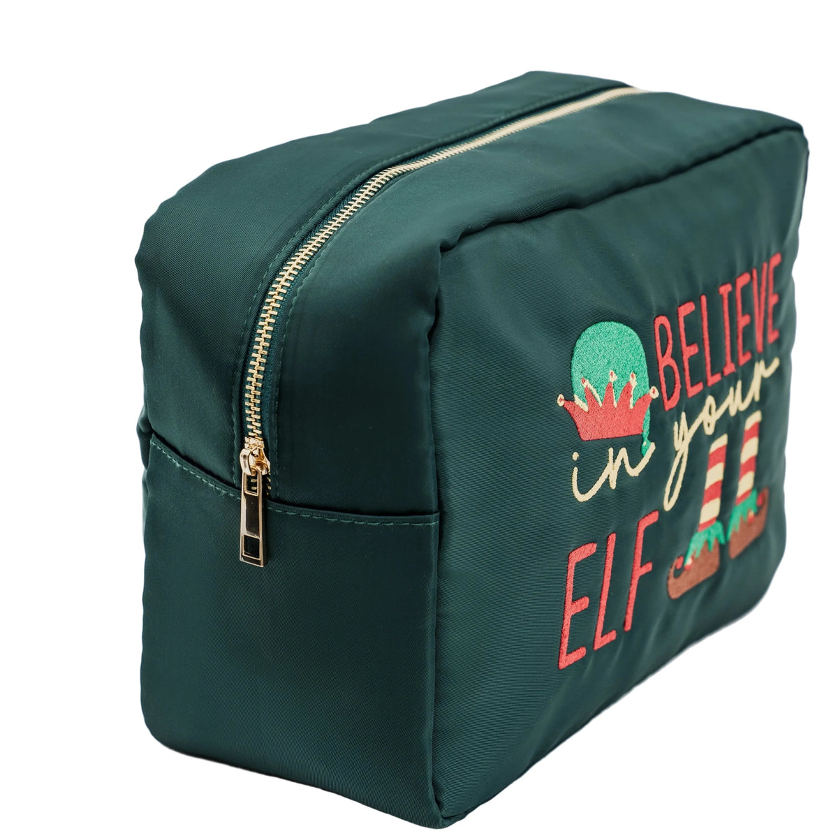 Large Green Christmas Pouch “Believe in Your Elf” - The Happy Tribe