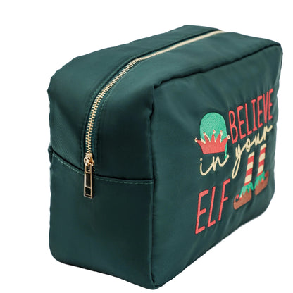 Large Green Christmas Pouch “Believe in Your Elf” - The Happy Tribe