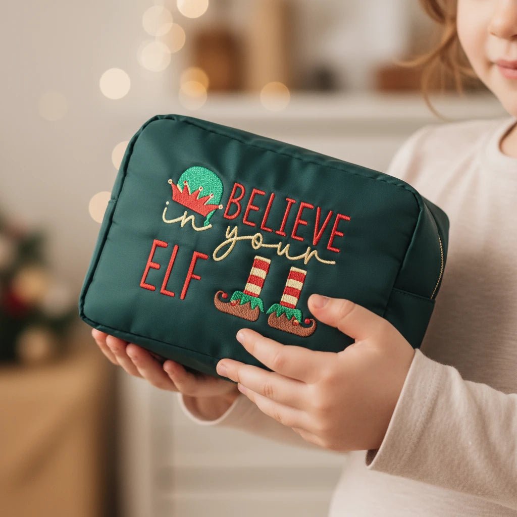 Large Green Christmas Pouch “Believe in Your Elf” - The Happy Tribe