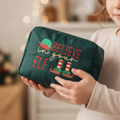 Large Green Christmas Pouch “Believe in Your Elf” - The Happy Tribe