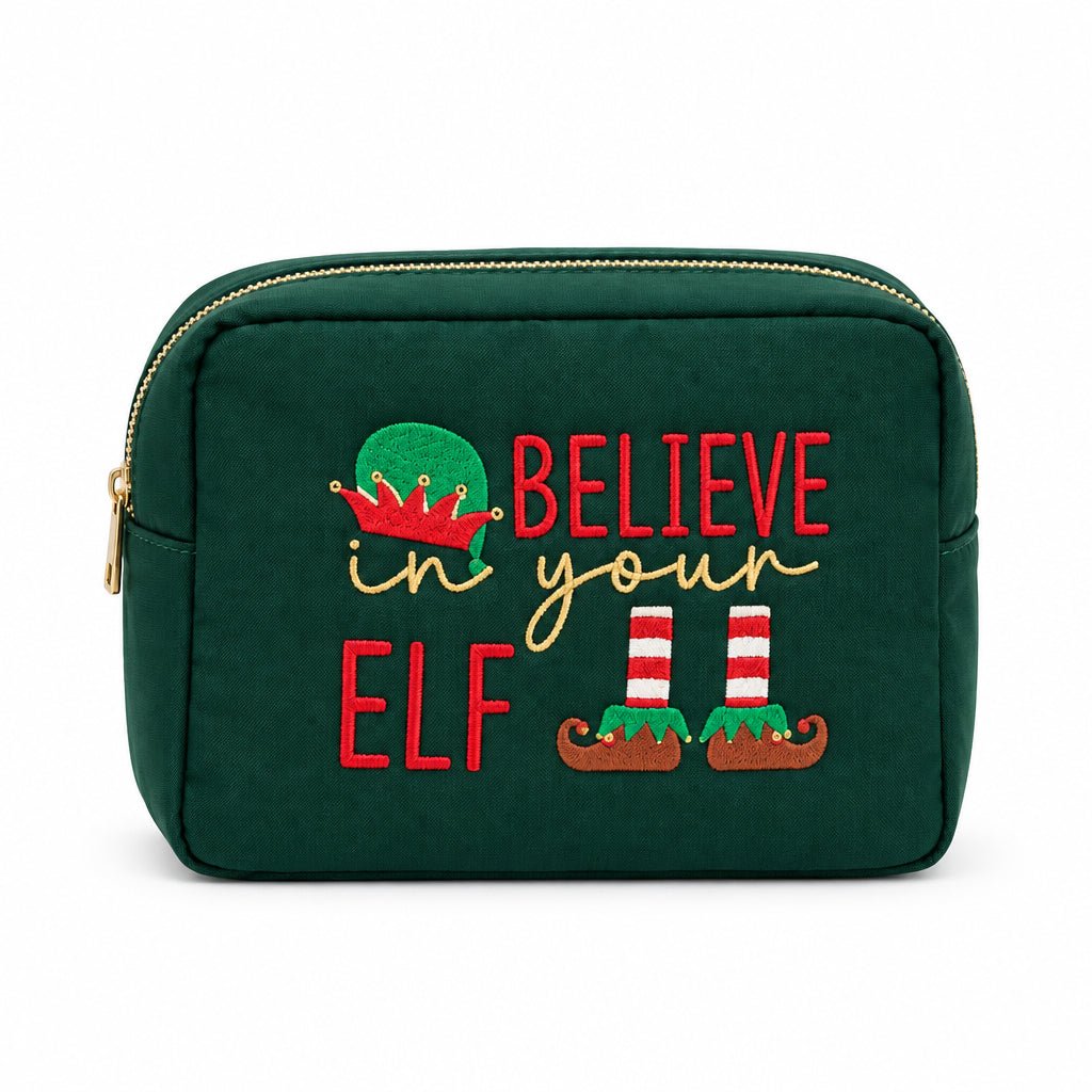 Large Green Christmas Pouch “Believe in Your Elf” - The Happy Tribe
