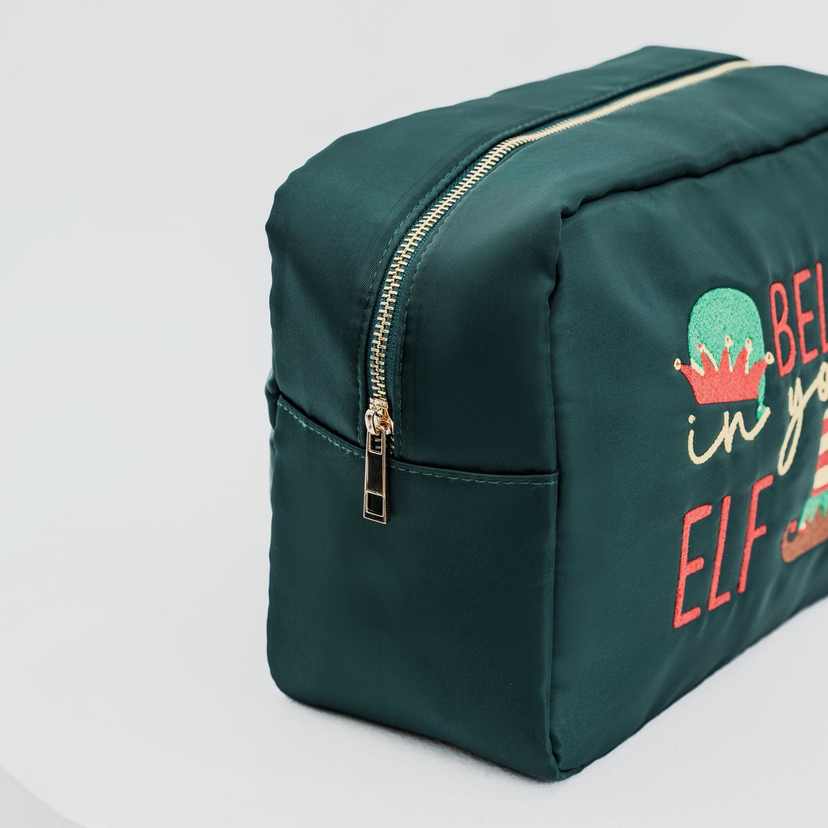 Large Green Christmas Pouch “Believe in Your Elf” - The Happy Tribe