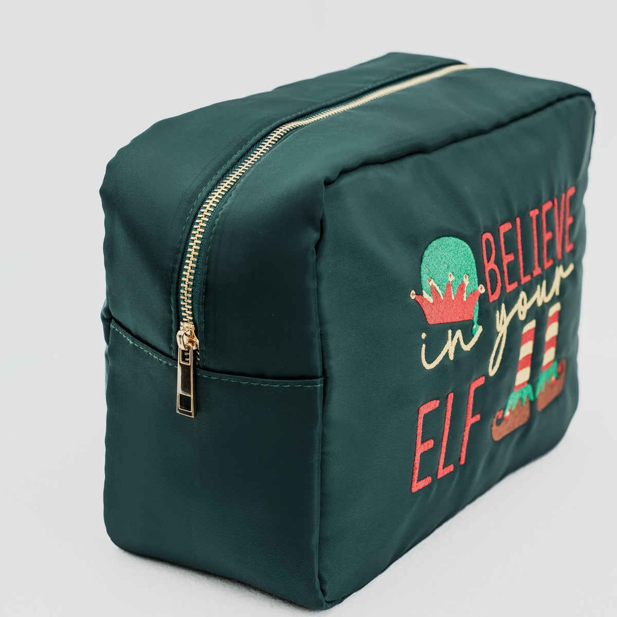 Large Green Christmas Pouch “Believe in Your Elf” - The Happy Tribe