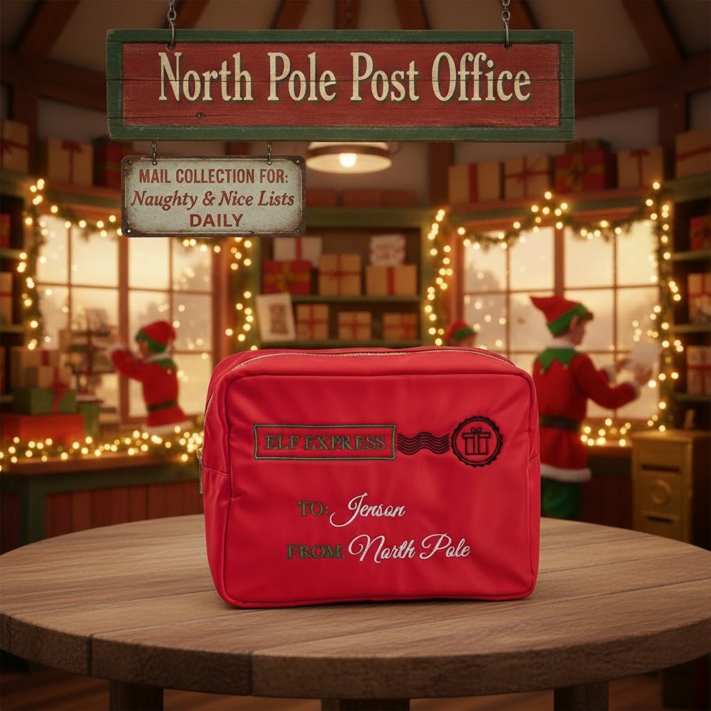 Large Red Pouch "Elf Express Personalised Christmas Pouch" - The Happy Tribe