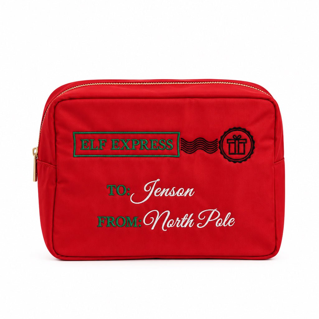 Large Red Pouch "Elf Express Personalised Christmas Pouch" - The Happy Tribe