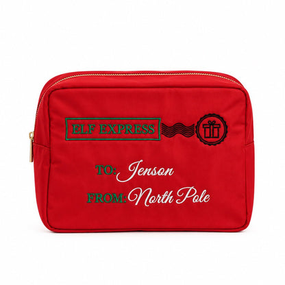 Large Red Pouch "Elf Express Personalised Christmas Pouch" - The Happy Tribe