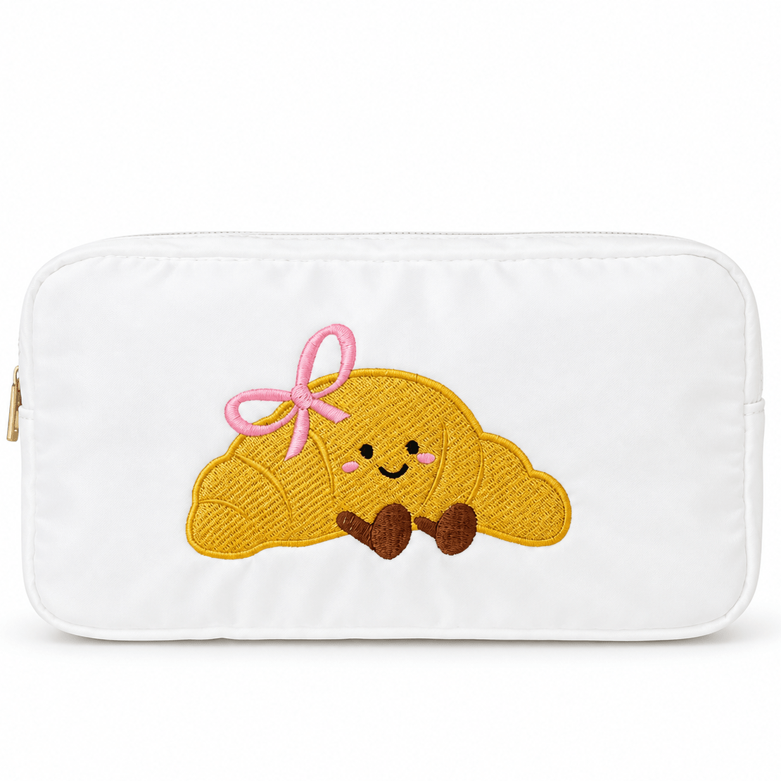 “Le Croissant” Jelly cat style, white Medium Embroidered Pouch - The Happy Tribe