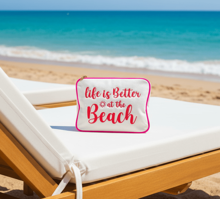 "Life is Better at the Beach" Large Pouch, Cream - The Happy Tribe