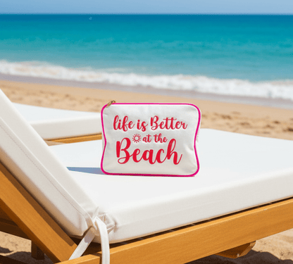 "Life is Better at the Beach" Large Pouch, Cream - The Happy Tribe