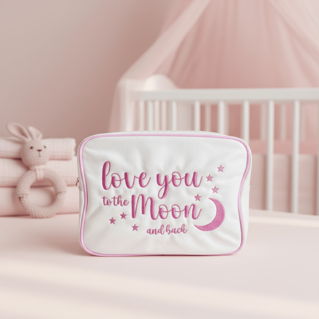 "Love You to the Moon and Back" Large Canvas Pouch, Cream with Blue Embroidery - The Happy Tribe