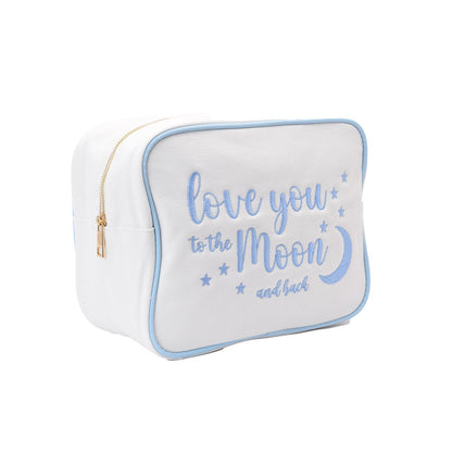 "Love You to the Moon and Back" Large Canvas Pouch, Cream with Blue Embroidery - The Happy Tribe