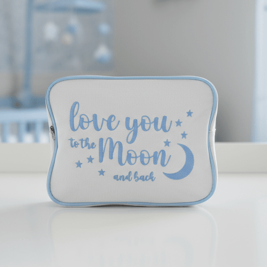"Love You to the Moon and Back" Large Canvas Pouch, Cream with Blue Embroidery - The Happy Tribe