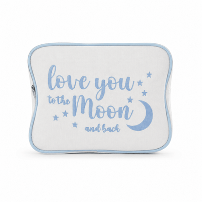 "Love You to the Moon and Back" Large Canvas Pouch, Cream with Blue Embroidery - The Happy Tribe