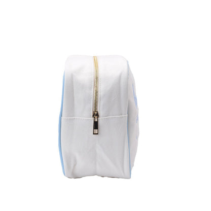 "Love You to the Moon and Back" Large Canvas Pouch, Cream with Blue Embroidery - The Happy Tribe