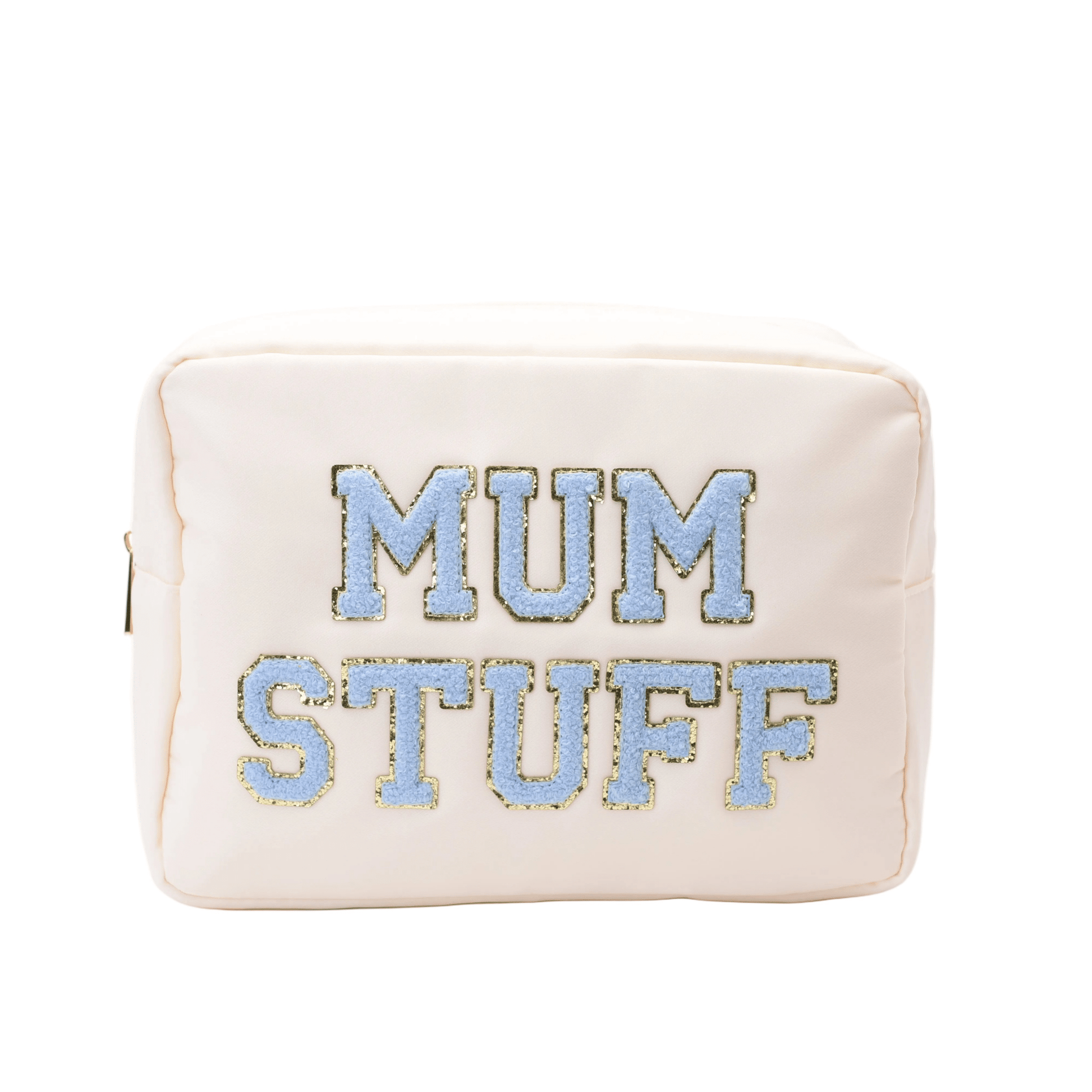 "Mum Stuff" Large Pouch, Cream with Blue Letters - The Happy Tribe