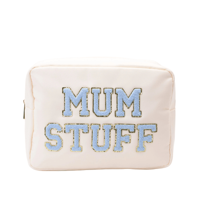 "Mum Stuff" Large Pouch, Cream with Blue Letters - The Happy Tribe