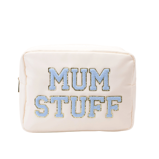 "Mum Stuff" Large Pouch, Cream with Blue Letters - The Happy Tribe