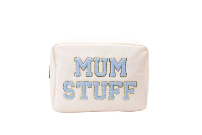 "Mum Stuff" Large Pouch, Cream with Blue Letters - The Happy Tribe
