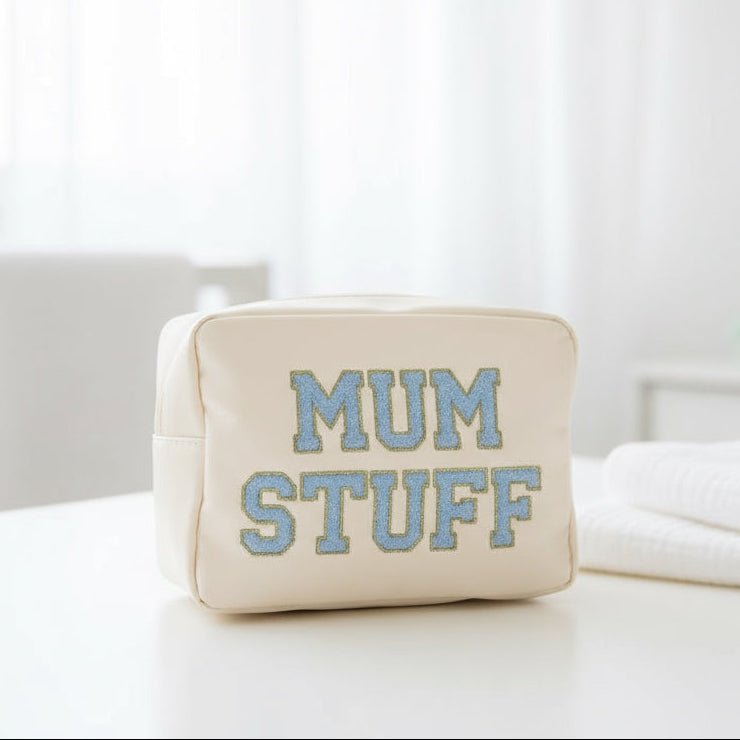"Mum Stuff" Large Pouch, Cream with Blue Letters - The Happy Tribe