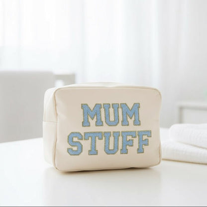 "Mum Stuff" Large Pouch, Cream with Blue Letters - The Happy Tribe